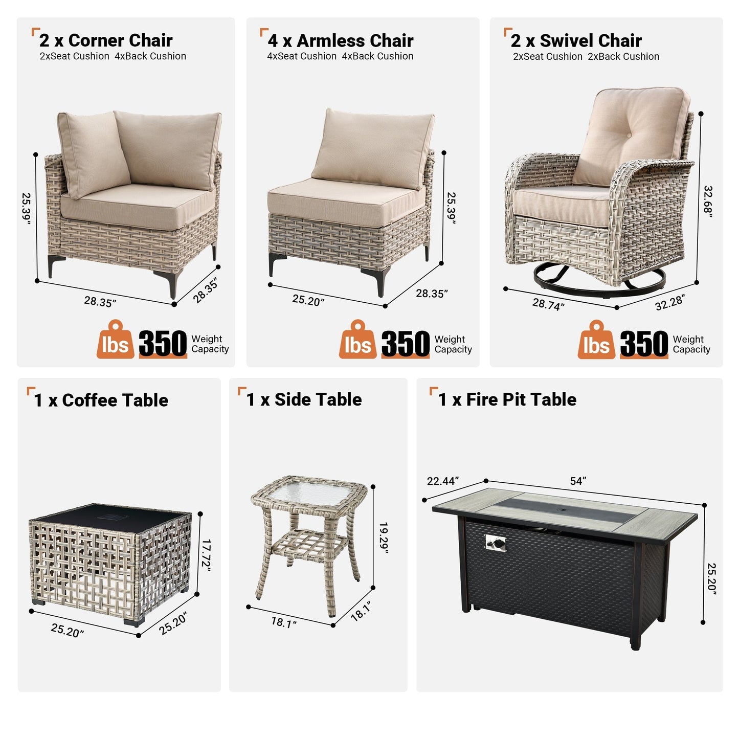 OVIOS Set di 11 sedie girevoli in vimini per esterni con tavolo da fuoco