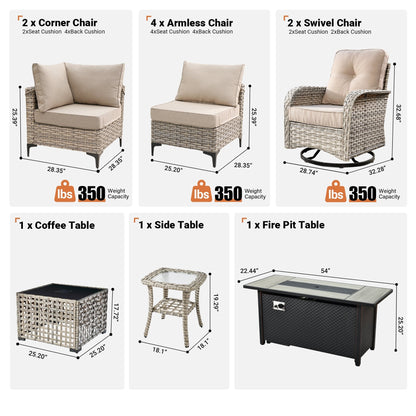 OVIOS Set di 11 sedie girevoli in vimini per esterni con tavolo da fuoco