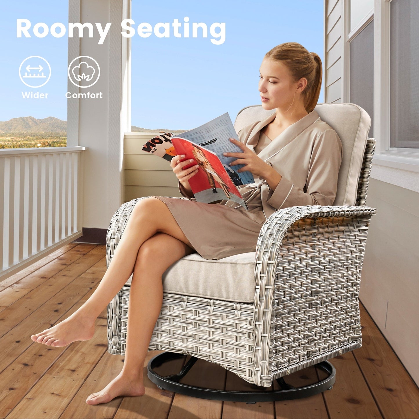 OVIOS Set di 11 sedie girevoli in vimini per esterni con tavolo da fuoco