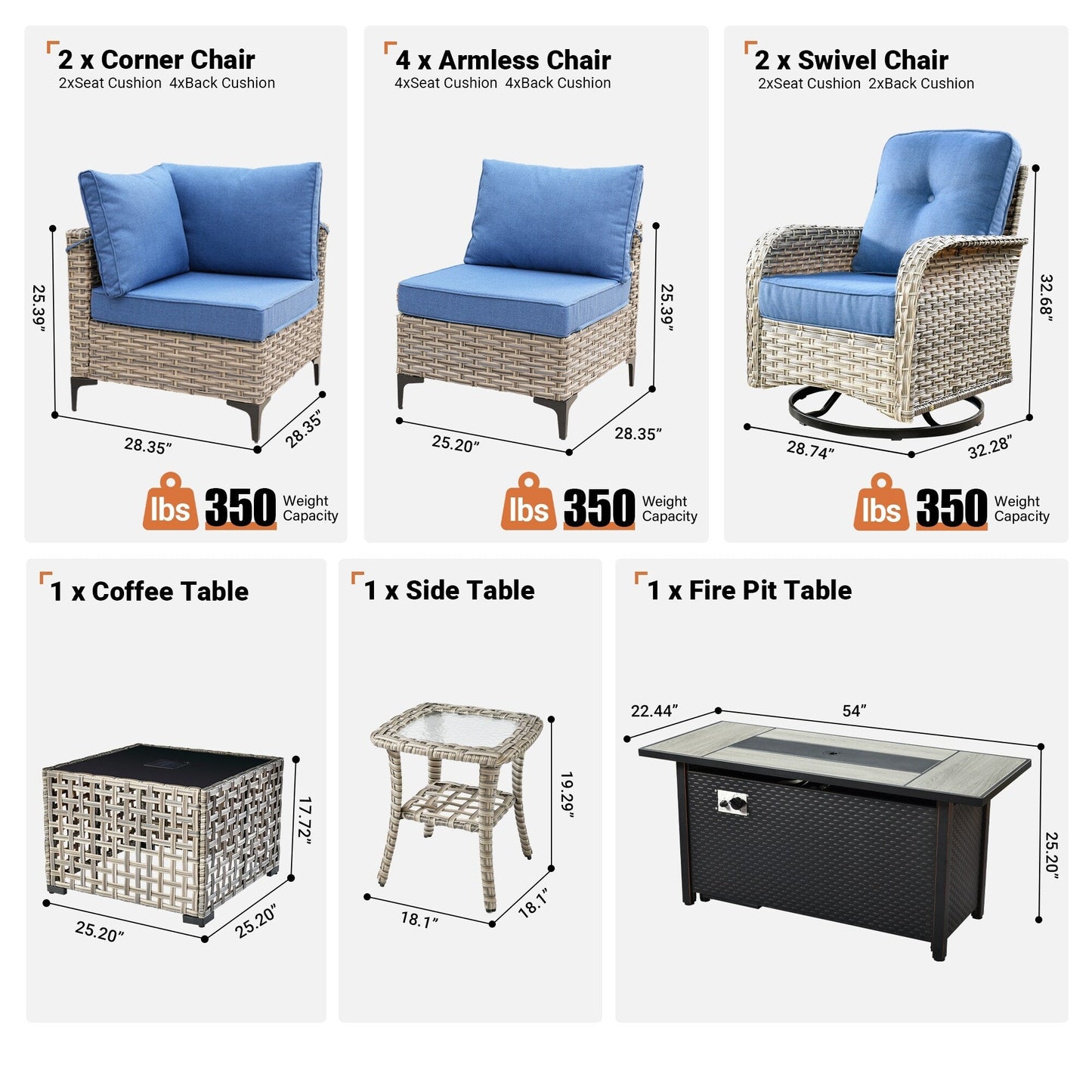 OVIOS Set di 11 sedie girevoli in vimini per esterni con tavolo da fuoco