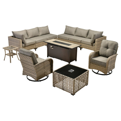 OVIOS Set di 11 sedie girevoli in vimini per esterni con tavolo da fuoco