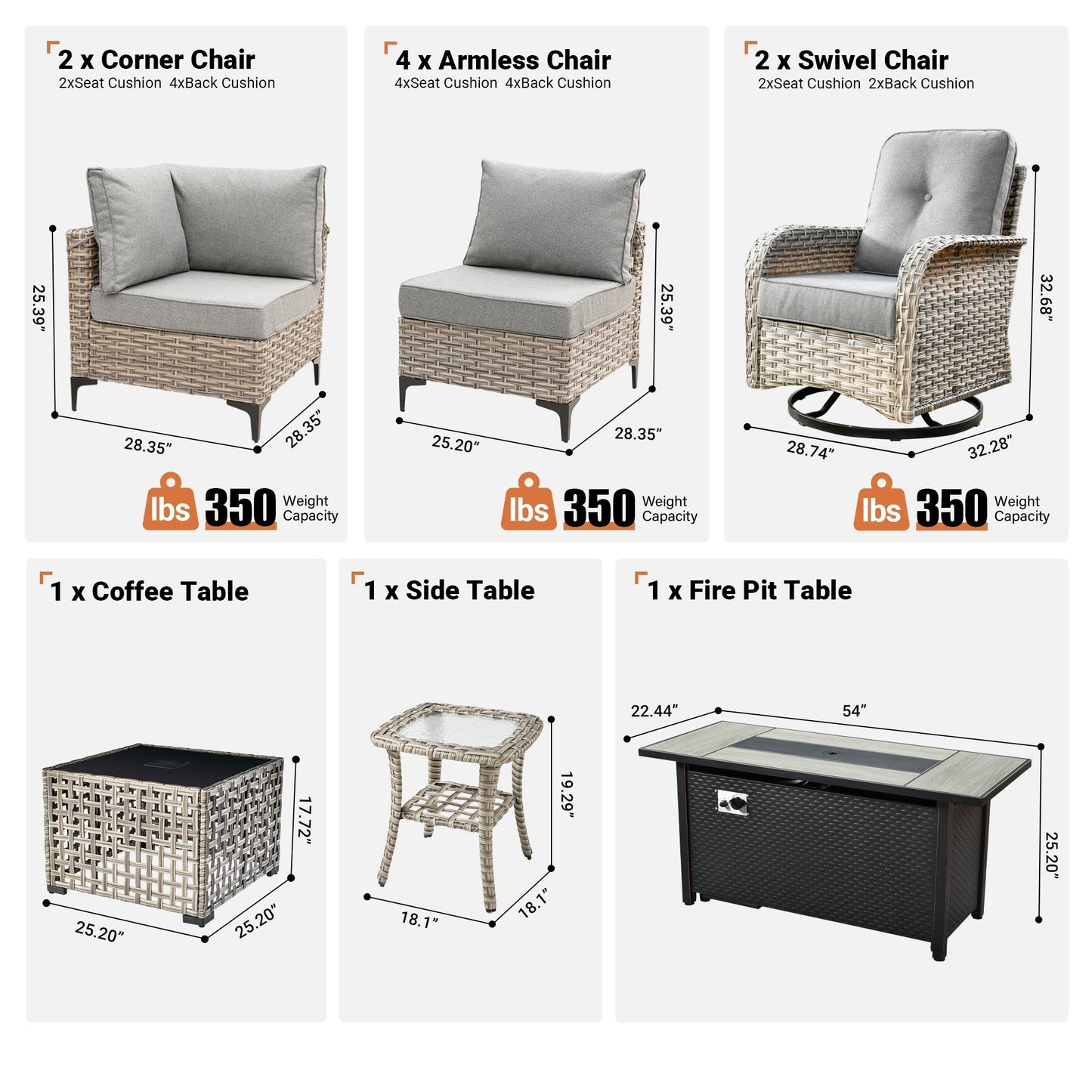 OVIOS Set di 11 sedie girevoli in vimini per esterni con tavolo da fuoco