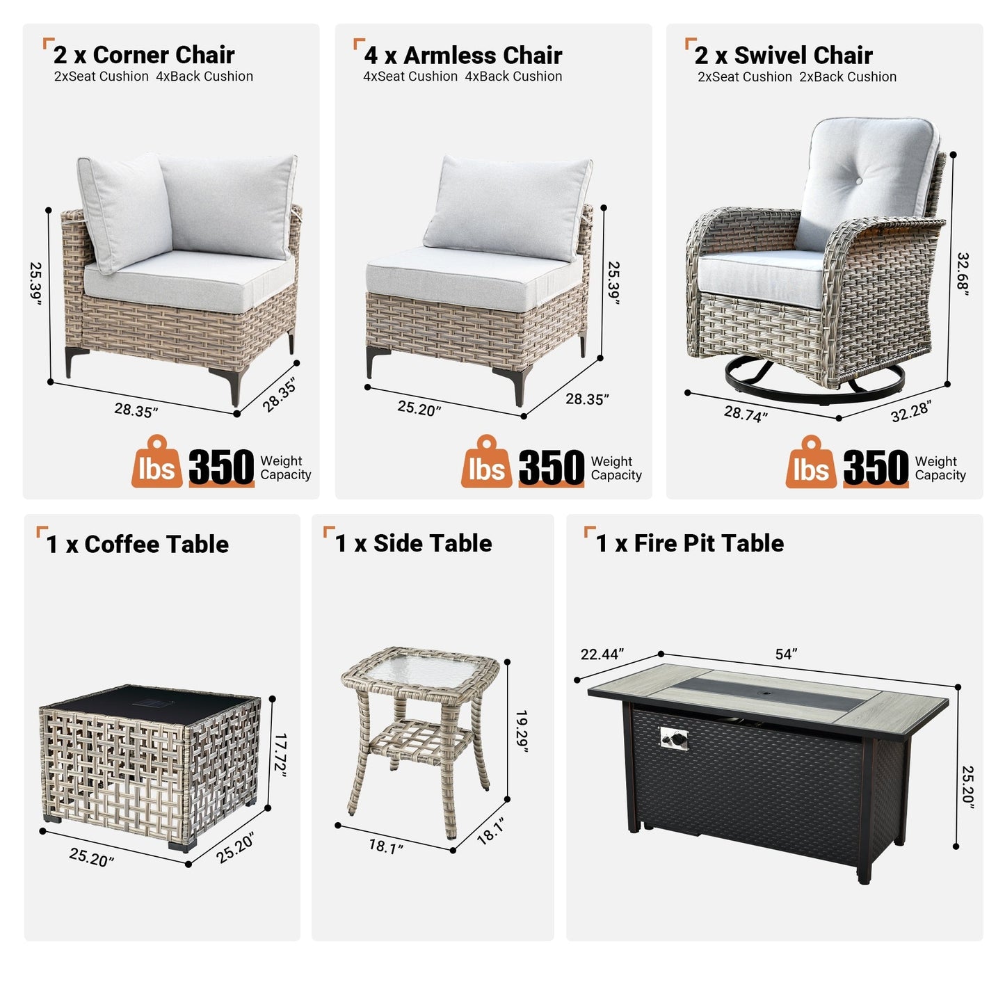 OVIOS Set di 11 sedie girevoli in vimini per esterni con tavolo da fuoco