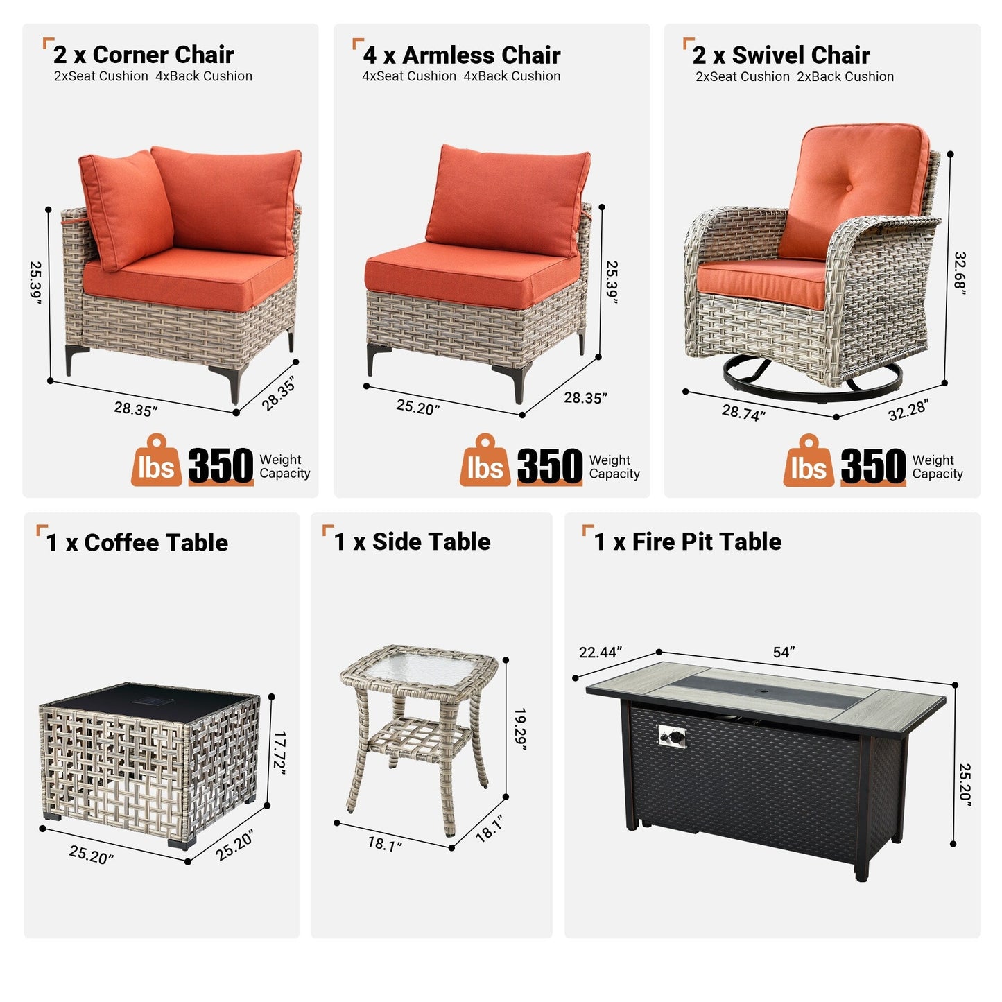 OVIOS Set di 11 sedie girevoli in vimini per esterni con tavolo da fuoco