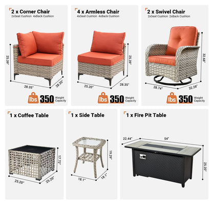 OVIOS Set di 11 sedie girevoli in vimini per esterni con tavolo da fuoco