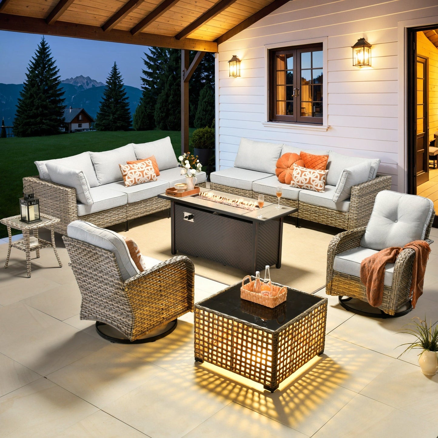 OVIOS Set di 11 sedie girevoli in vimini per esterni con tavolo da fuoco