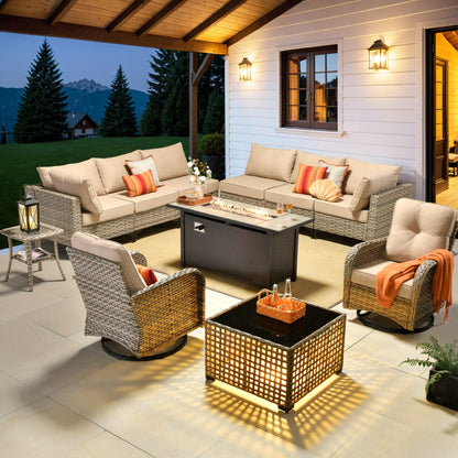 OVIOS Set di 11 sedie girevoli in vimini per esterni con tavolo da fuoco