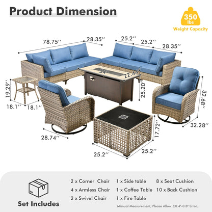 OVIOS Set di 11 sedie girevoli in vimini per esterni con tavolo da fuoco