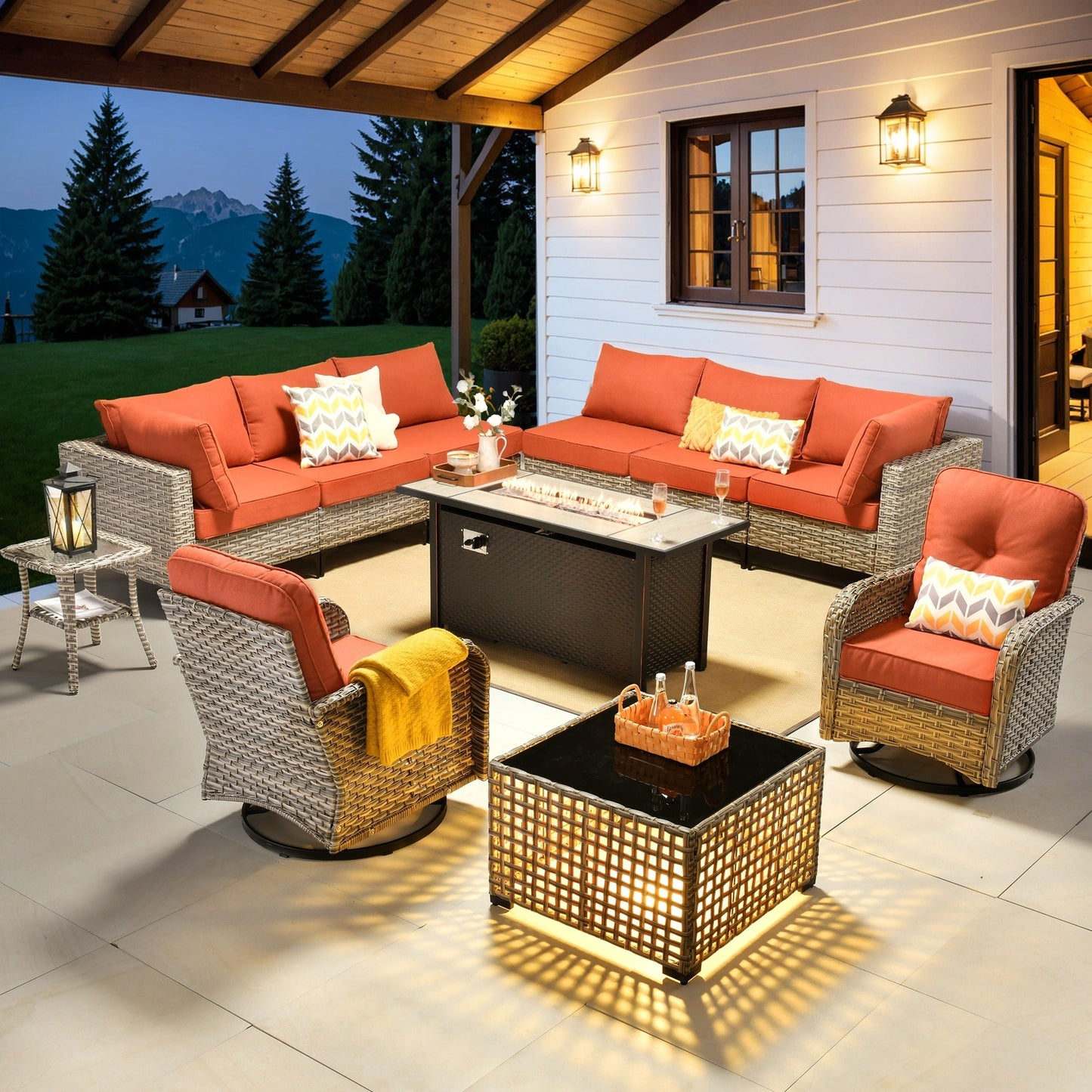 OVIOS Set di 11 sedie girevoli in vimini per esterni con tavolo da fuoco