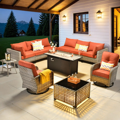 OVIOS Set di 11 sedie girevoli in vimini per esterni con tavolo da fuoco