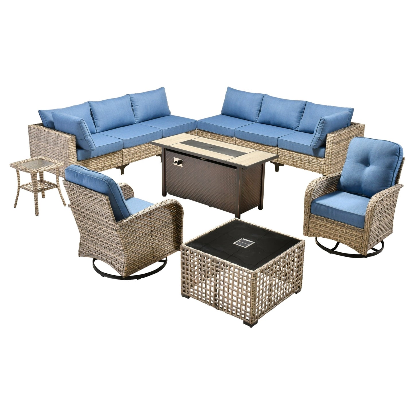 OVIOS Set di 11 sedie girevoli in vimini per esterni con tavolo da fuoco