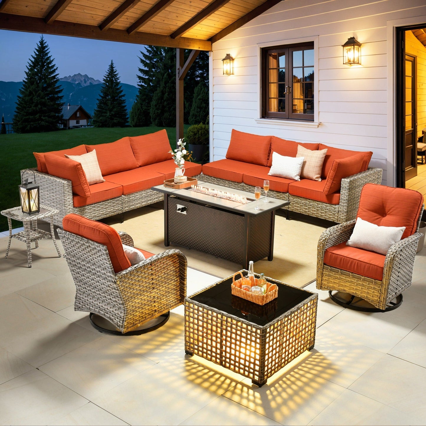 OVIOS Set di 11 sedie girevoli in vimini per esterni con tavolo da fuoco