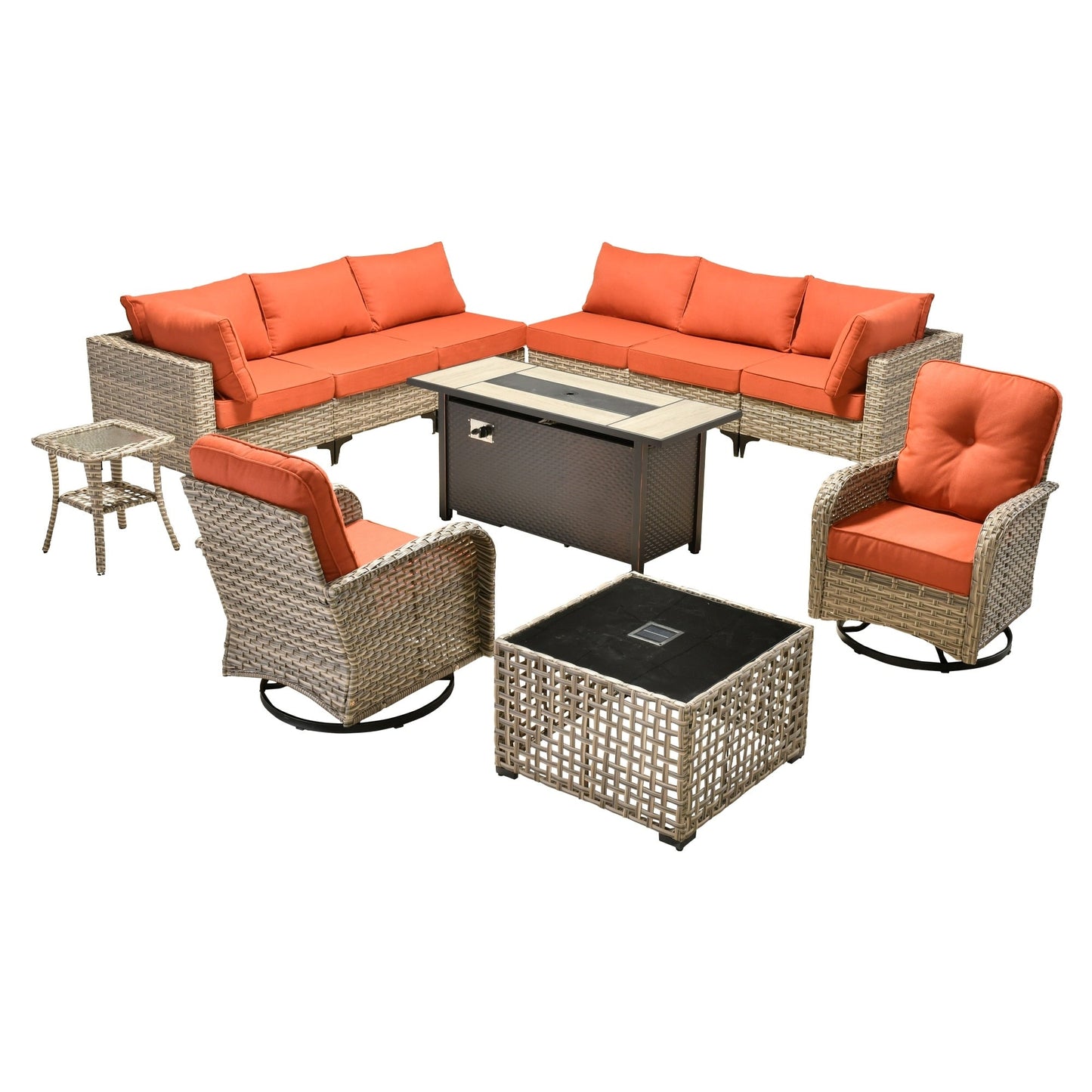 OVIOS Set di 11 sedie girevoli in vimini per esterni con tavolo da fuoco