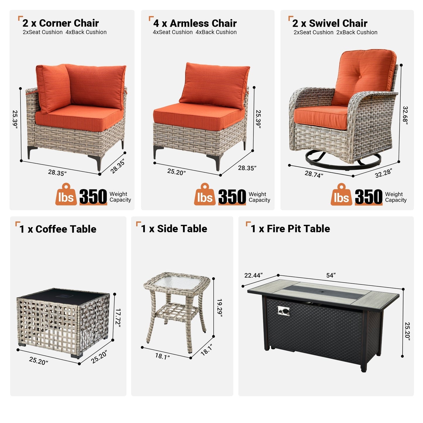 OVIOS Set di 11 sedie girevoli in vimini per esterni con tavolo da fuoco