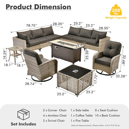 OVIOS Set di 11 sedie girevoli in vimini per esterni con tavolo da fuoco