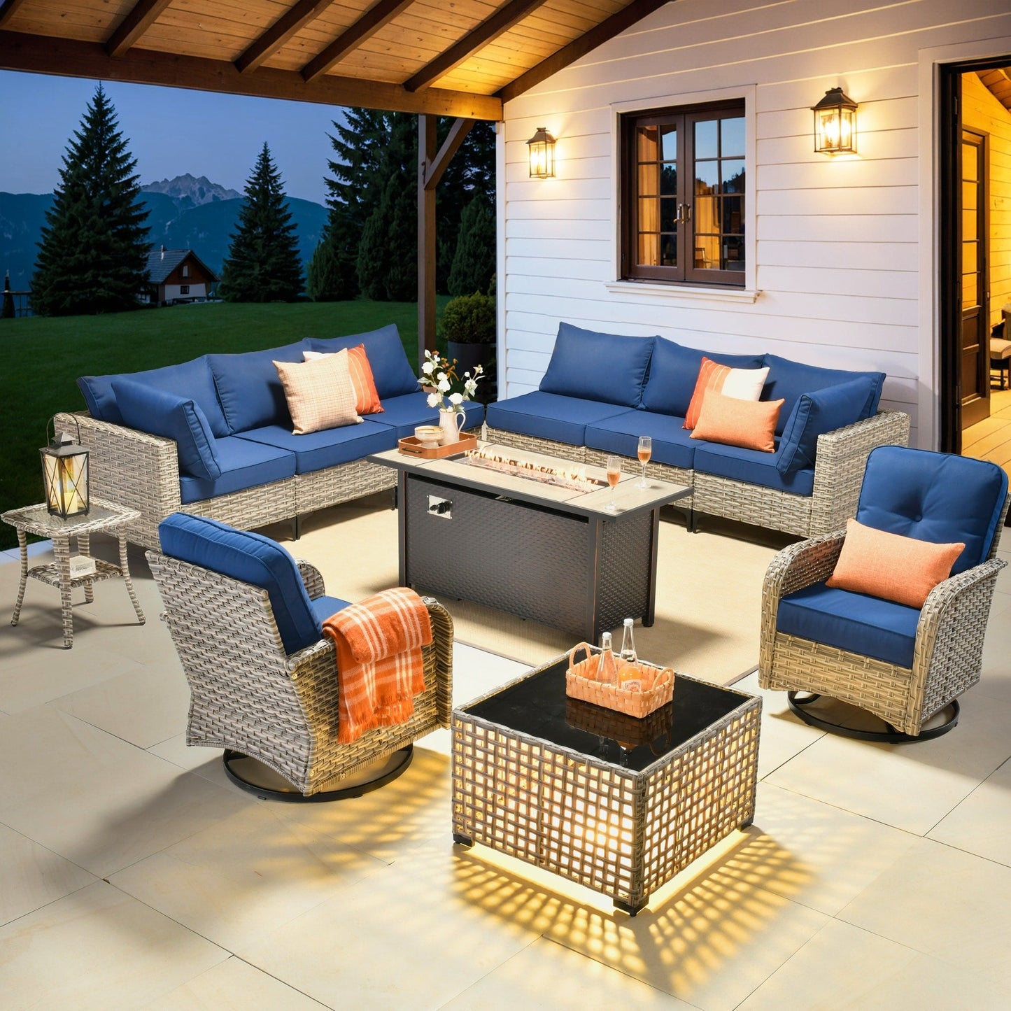 OVIOS Set di 11 sedie girevoli in vimini per esterni con tavolo da fuoco