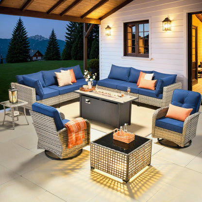 OVIOS Set di 11 sedie girevoli in vimini per esterni con tavolo da fuoco