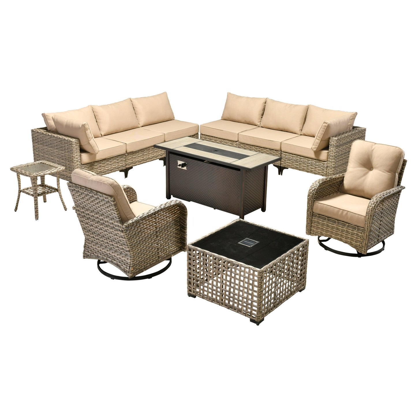 OVIOS Set di 11 sedie girevoli in vimini per esterni con tavolo da fuoco