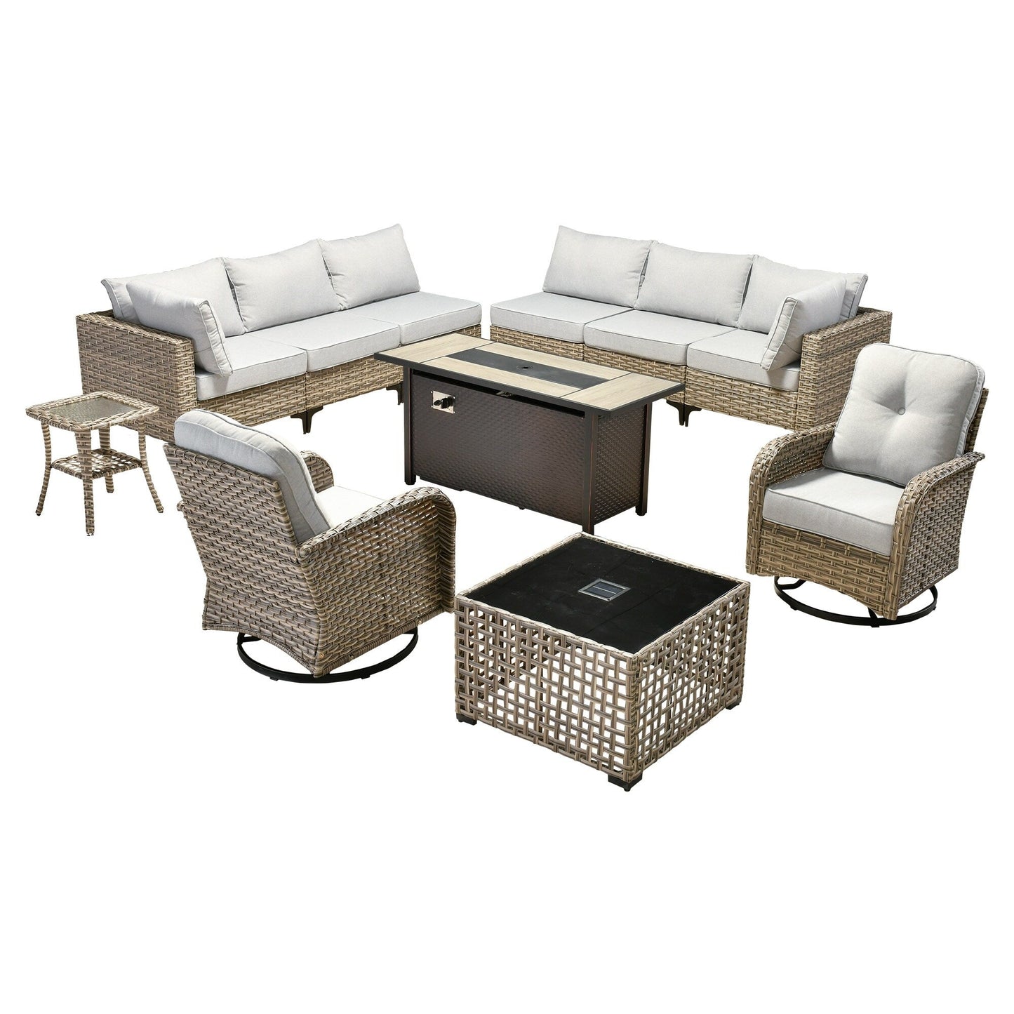 OVIOS Set di 11 sedie girevoli in vimini per esterni con tavolo da fuoco