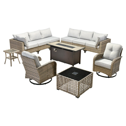 OVIOS Set di 11 sedie girevoli in vimini per esterni con tavolo da fuoco