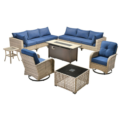 OVIOS Set di 11 sedie girevoli in vimini per esterni con tavolo da fuoco