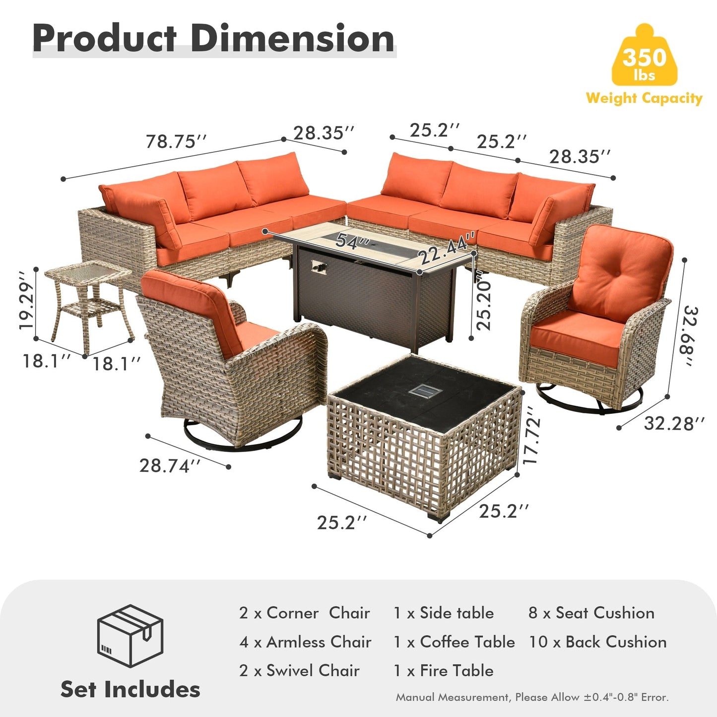 OVIOS Set di 11 sedie girevoli in vimini per esterni con tavolo da fuoco