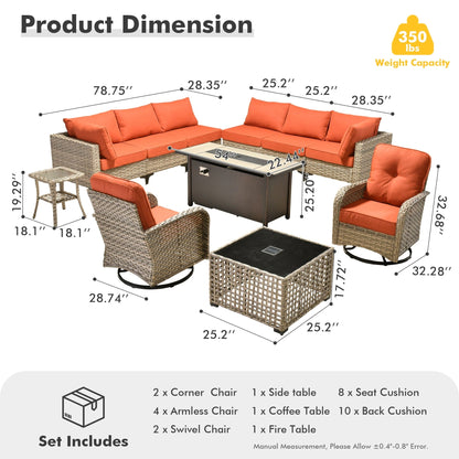 OVIOS Set di 11 sedie girevoli in vimini per esterni con tavolo da fuoco