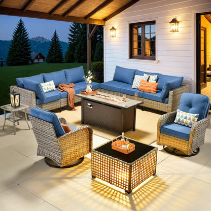 OVIOS Set di 11 sedie girevoli in vimini per esterni con tavolo da fuoco