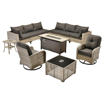 OVIOS Set di 11 sedie girevoli in vimini per esterni con tavolo da fuoco