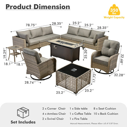 OVIOS Set di 11 sedie girevoli in vimini per esterni con tavolo da fuoco