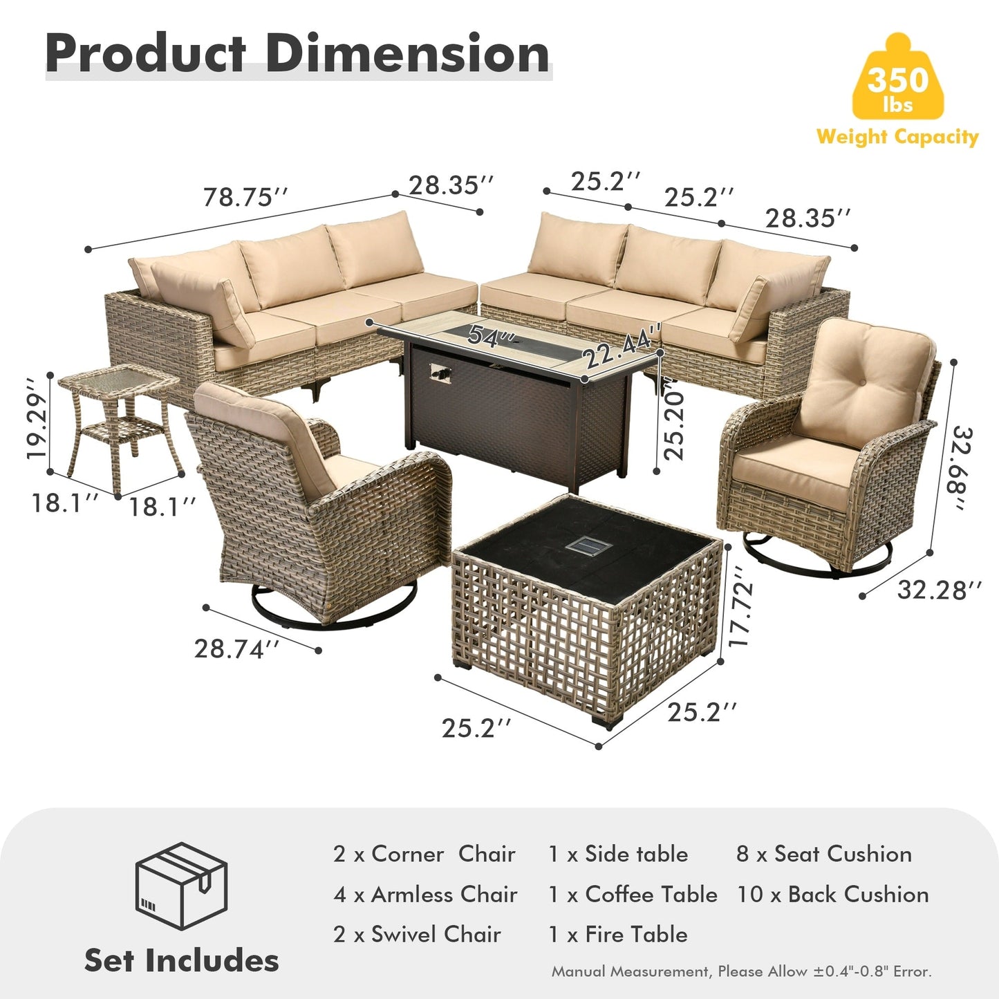 OVIOS Set di 11 sedie girevoli in vimini per esterni con tavolo da fuoco