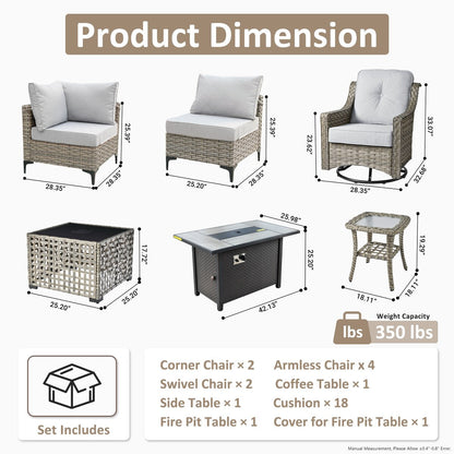 OVIOS Set di 11 sedie girevoli in vimini per esterni con tavolino da caffè ad energia solare e braciere