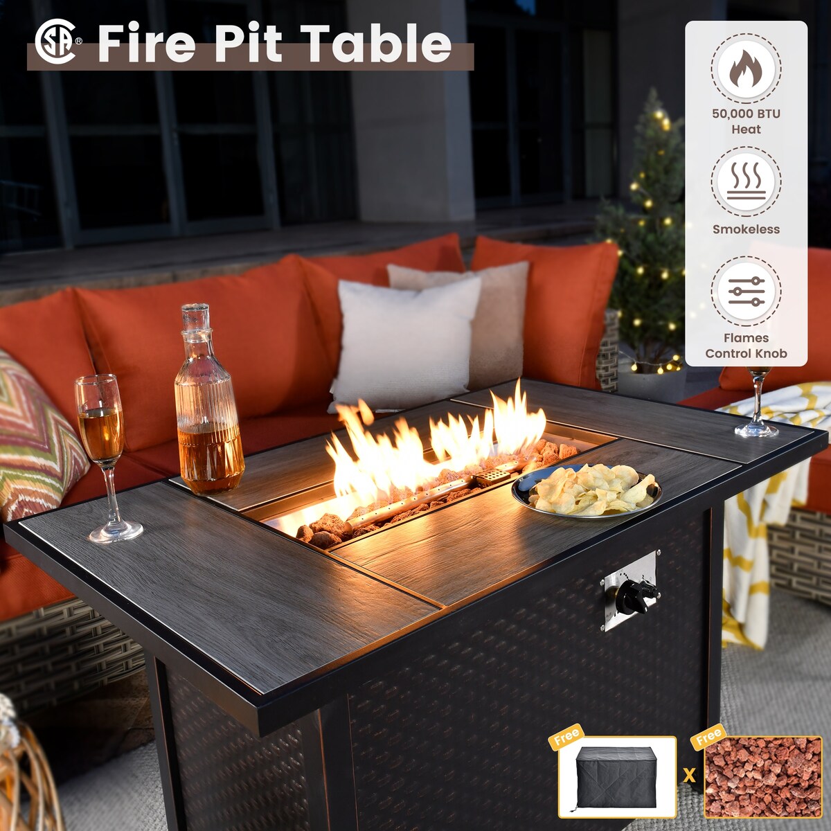 OVIOS Set di 11 sedie girevoli in vimini per esterni con tavolino da caffè ad energia solare e braciere