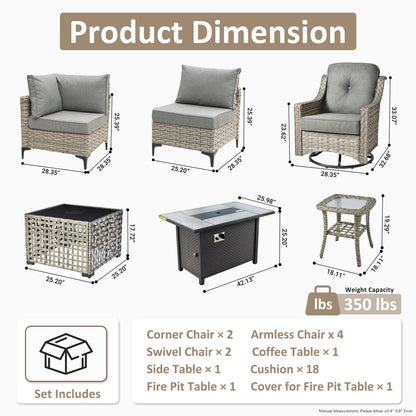 OVIOS Set di 11 sedie girevoli in vimini per esterni con tavolino da caffè ad energia solare e braciere