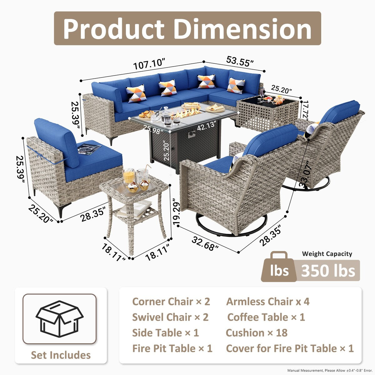 OVIOS Set di 11 sedie girevoli in vimini per esterni con tavolino da caffè ad energia solare e braciere