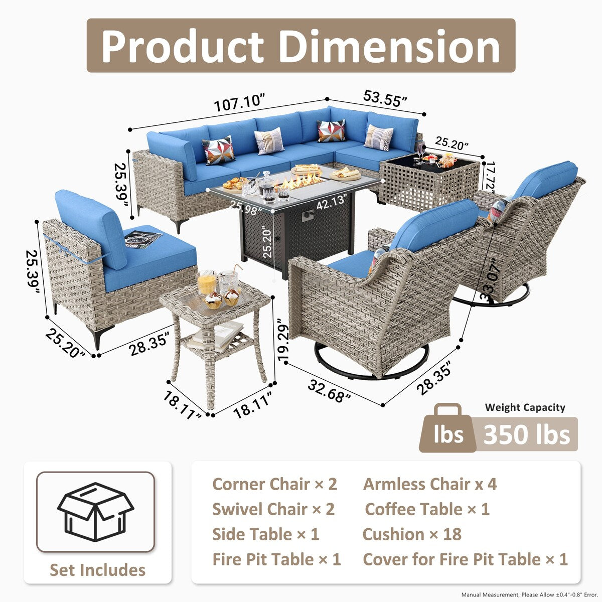 OVIOS Set di 11 sedie girevoli in vimini per esterni con tavolino da caffè ad energia solare e braciere