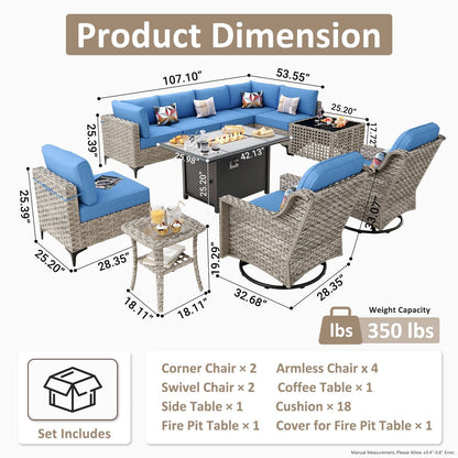 OVIOS Set di 11 sedie girevoli in vimini per esterni con tavolino da caffè ad energia solare e braciere