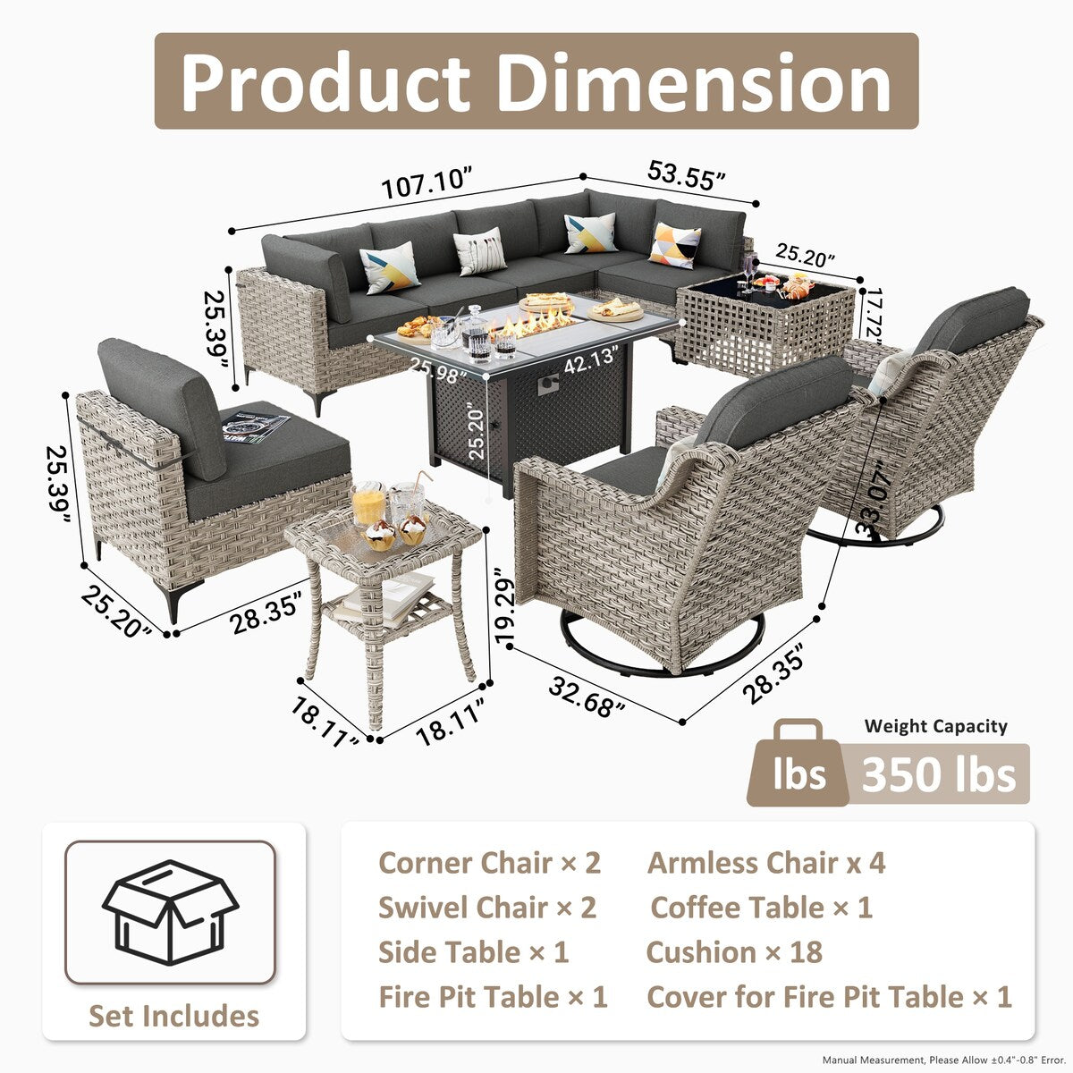 OVIOS Set di 11 sedie girevoli in vimini per esterni con tavolino da caffè ad energia solare e braciere