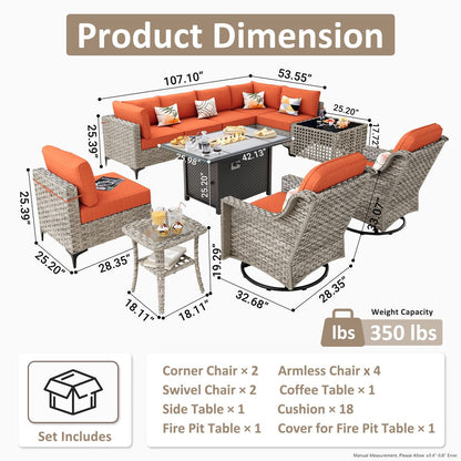 OVIOS Set di 11 sedie girevoli in vimini per esterni con tavolino da caffè ad energia solare e braciere