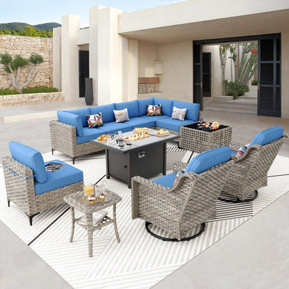 OVIOS Set di 11 sedie girevoli in vimini per esterni con tavolino da caffè ad energia solare e braciere