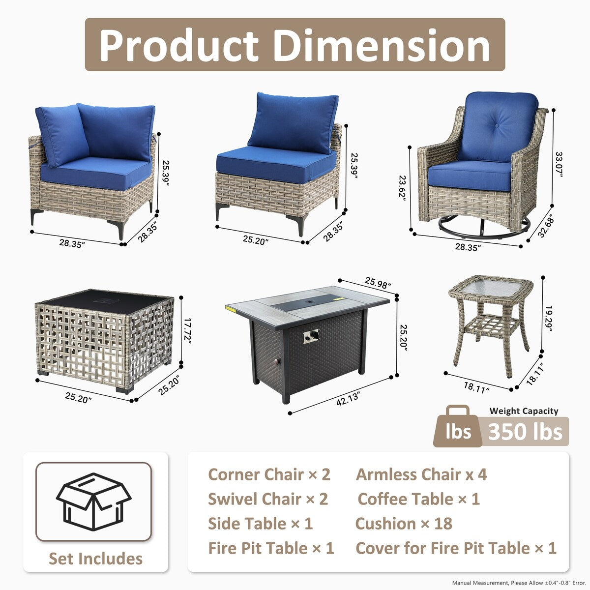 OVIOS Set di 11 sedie girevoli in vimini per esterni con tavolino da caffè ad energia solare e braciere