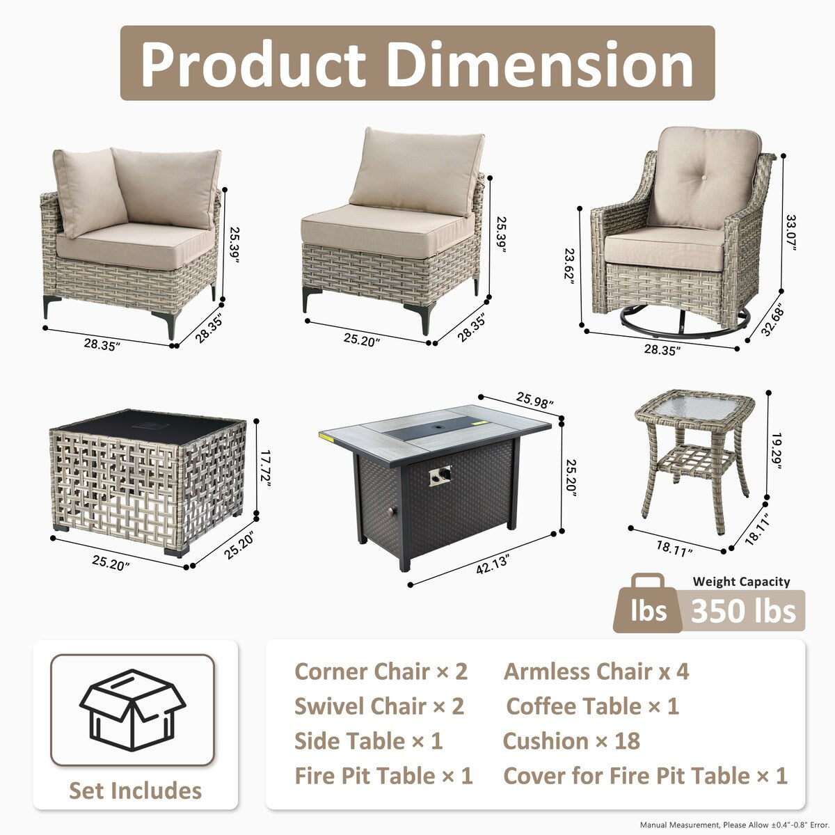 OVIOS Set di 11 sedie girevoli in vimini per esterni con tavolino da caffè ad energia solare e braciere