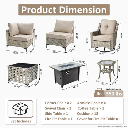 OVIOS Set di 11 sedie girevoli in vimini per esterni con tavolino da caffè ad energia solare e braciere