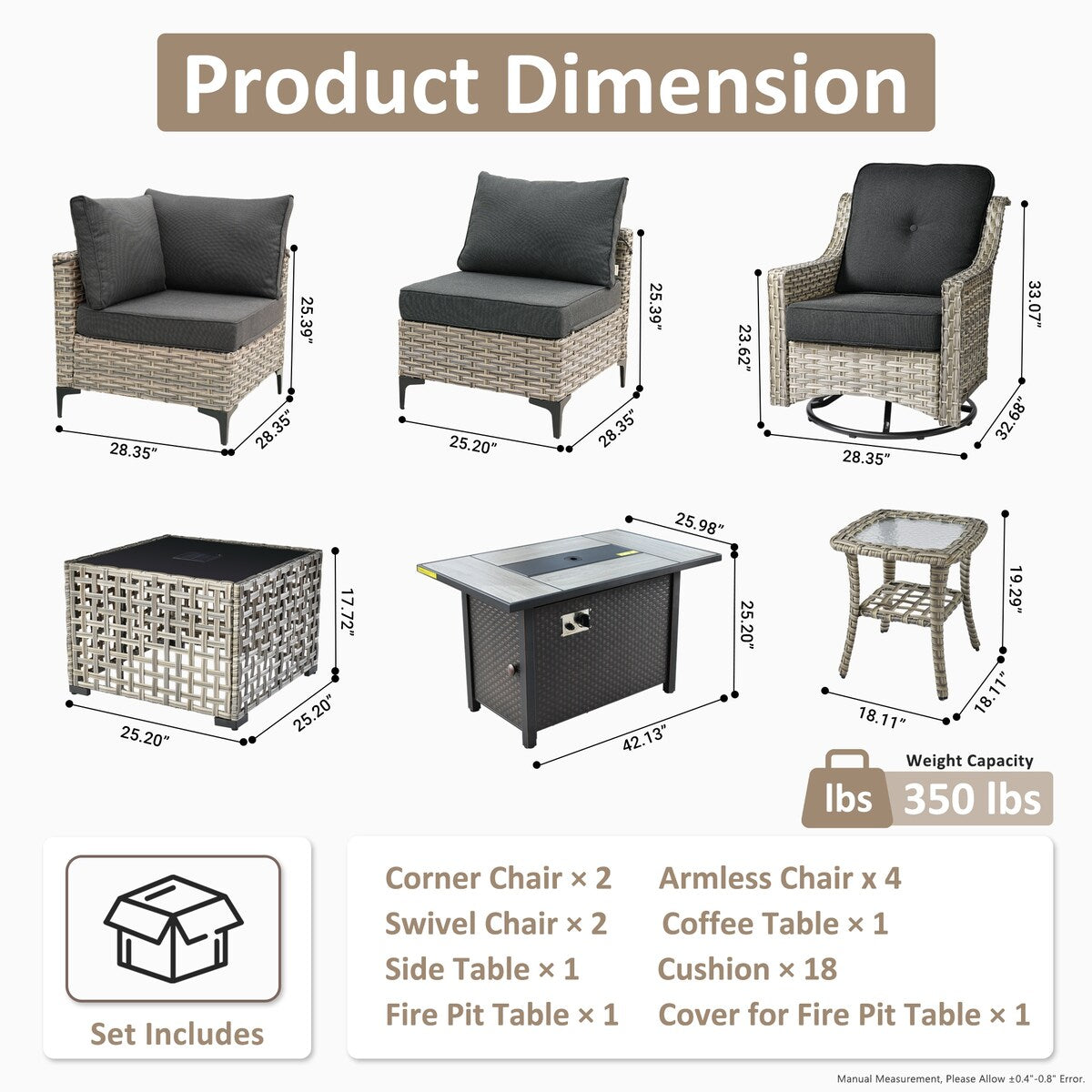 OVIOS Set di 11 sedie girevoli in vimini per esterni con tavolino da caffè ad energia solare e braciere