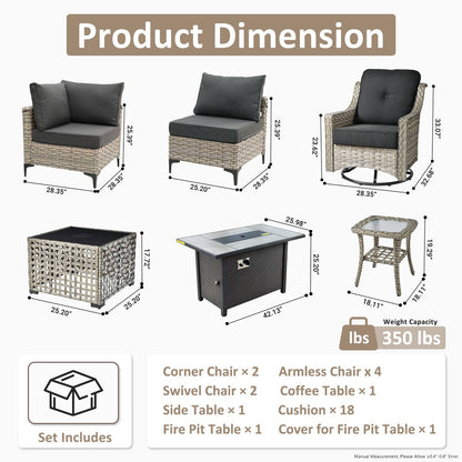 OVIOS Set di 11 sedie girevoli in vimini per esterni con tavolino da caffè ad energia solare e braciere