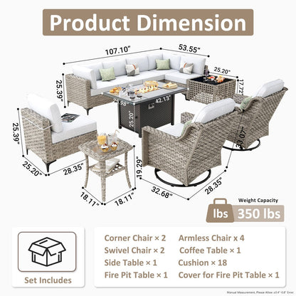 OVIOS Set di 11 sedie girevoli in vimini per esterni con tavolino da caffè ad energia solare e braciere