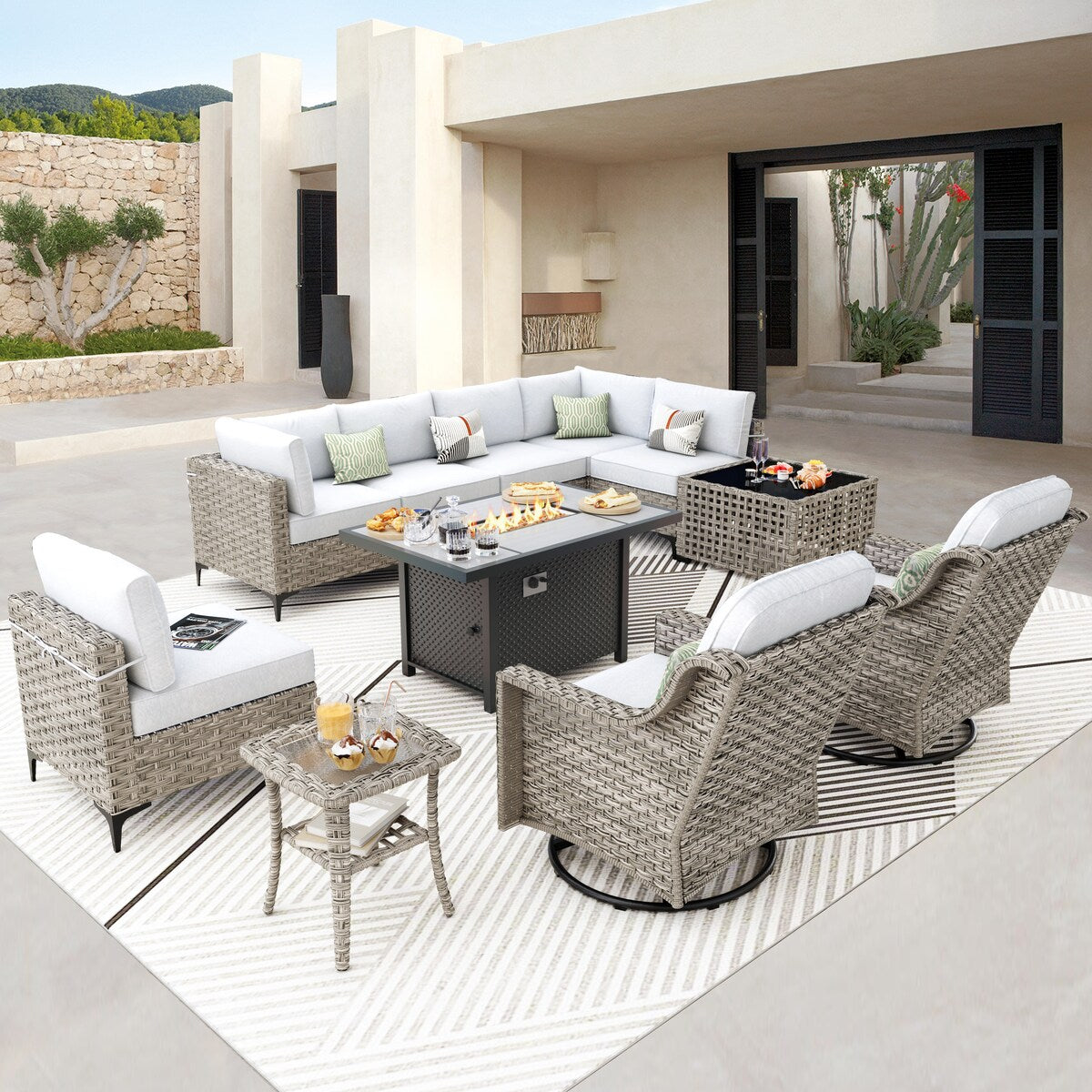 OVIOS Set di 11 sedie girevoli in vimini per esterni con tavolino da caffè ad energia solare e braciere