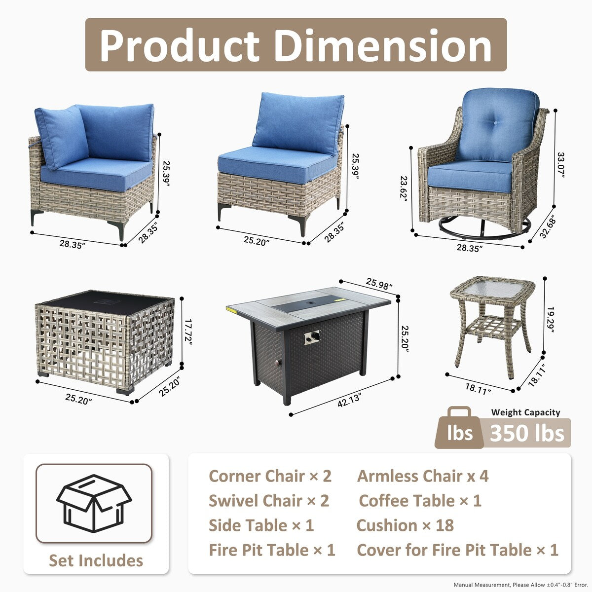 OVIOS Set di 11 sedie girevoli in vimini per esterni con tavolino da caffè ad energia solare e braciere