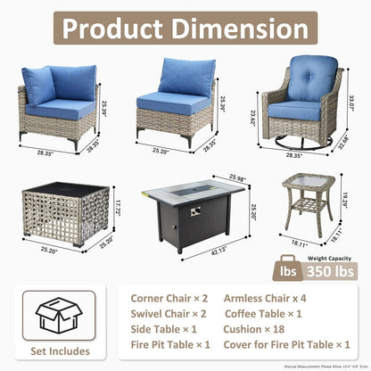 OVIOS Set di 11 sedie girevoli in vimini per esterni con tavolino da caffè ad energia solare e braciere