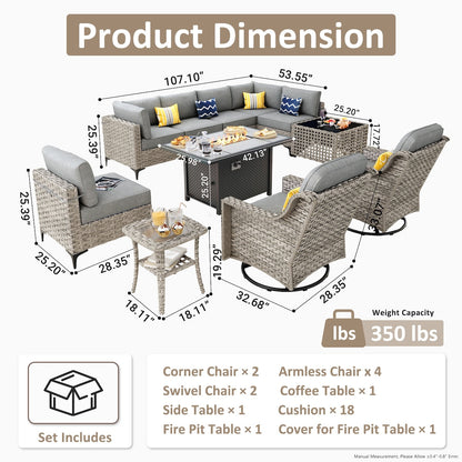 OVIOS Set di 11 sedie girevoli in vimini per esterni con tavolino da caffè ad energia solare e braciere